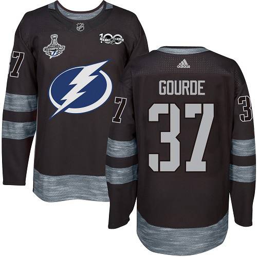 Men Adidas Tampa Bay Lightning #37 Yanni Gourde Black 1917-2017 100th Anniversary 2020 Stanley Cup Champions Stitched NHL Jersey